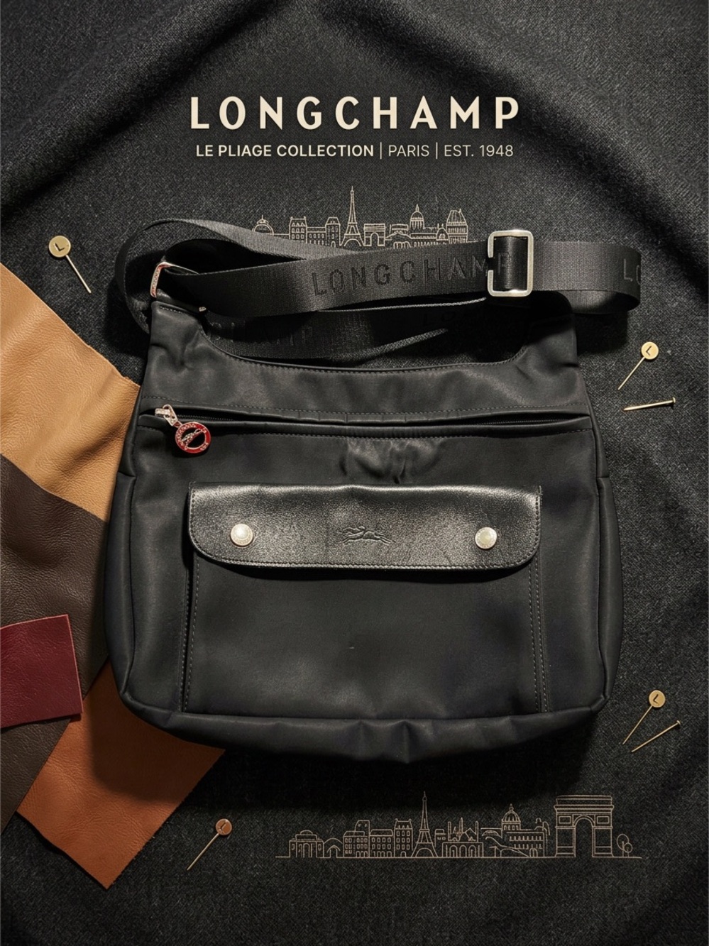 Longchamp Black Nylon Messenger Bag with Leather Trim